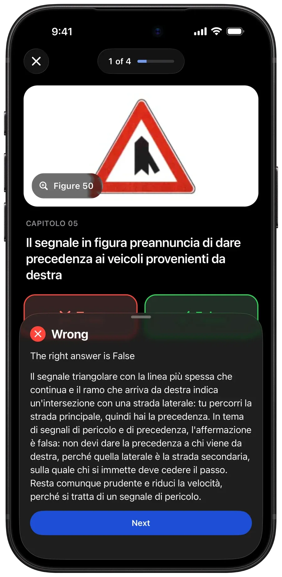 An Italian question about a road sign answered wrong in Roadquiz on an iPhone, with the right answer and the explanation under it