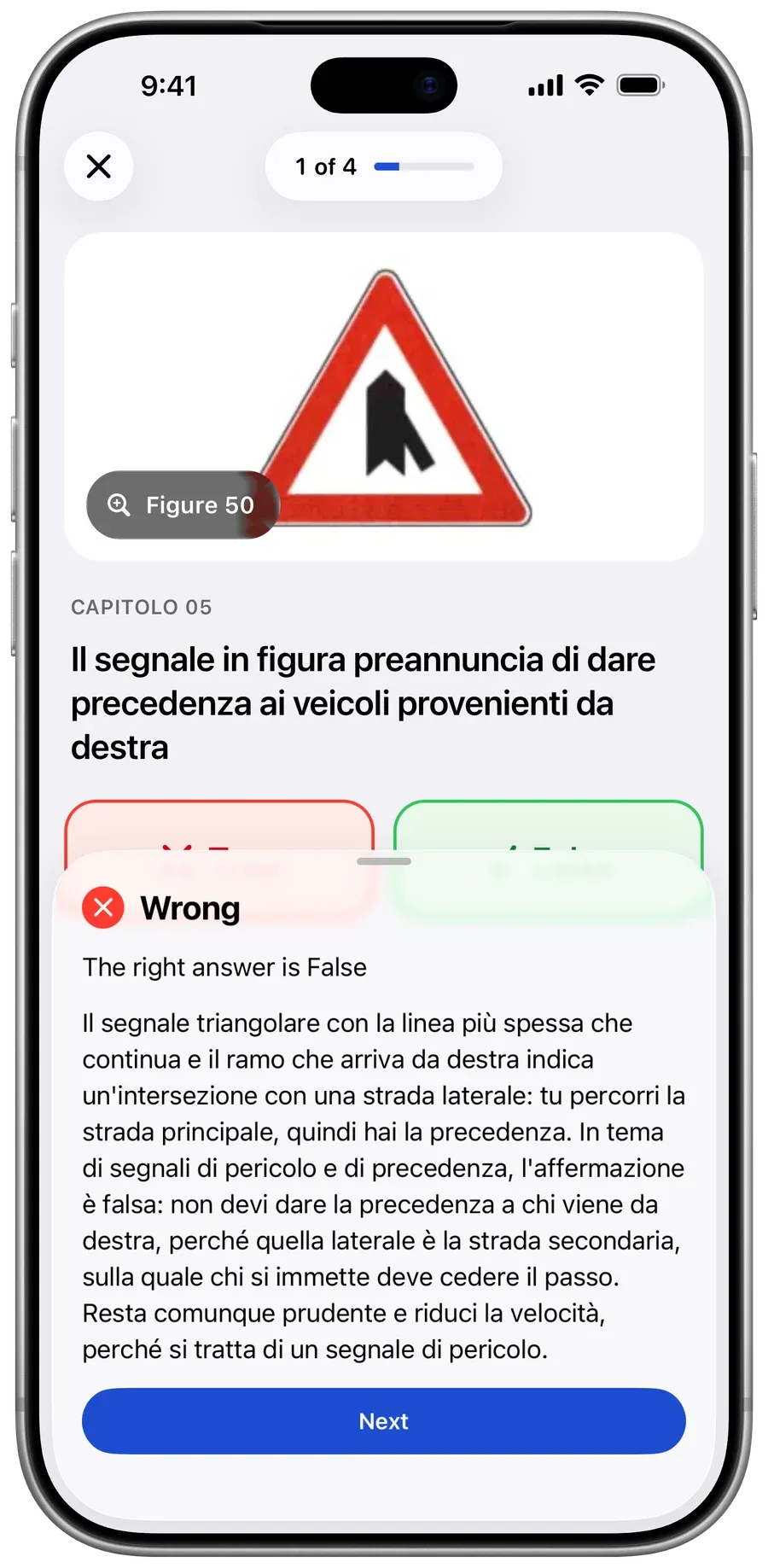 An Italian question about a road sign answered wrong in Roadquiz on an iPhone, with the right answer and the explanation under it
