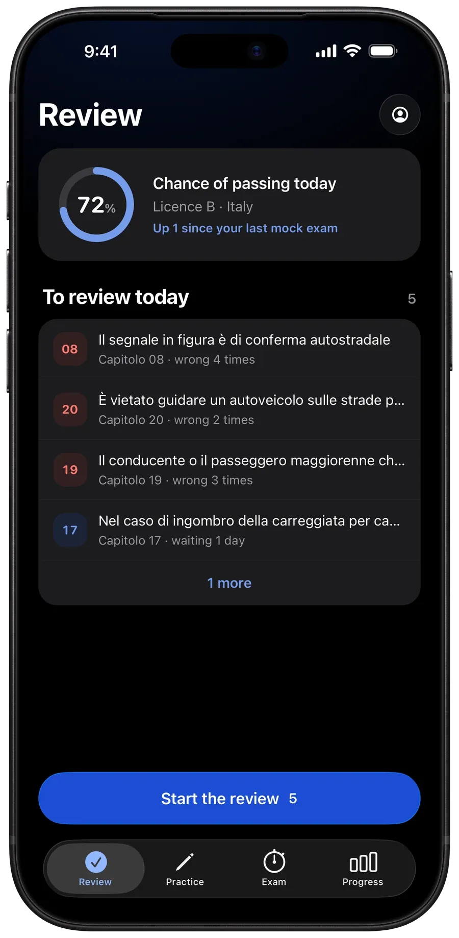 Roadquiz's Review screen on an iPhone: a 72 percent chance of passing today for Licence B in Italy, and the questions to review today