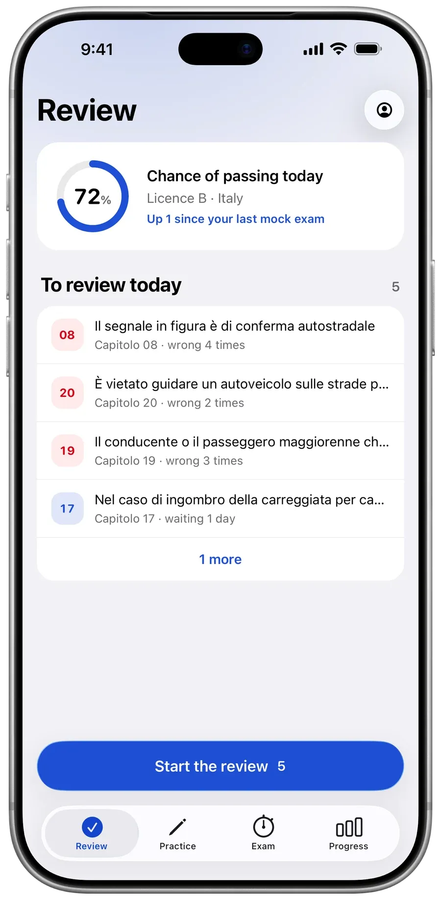 Roadquiz's Review screen on an iPhone: a 72 percent chance of passing today for Licence B in Italy, and the questions to review today